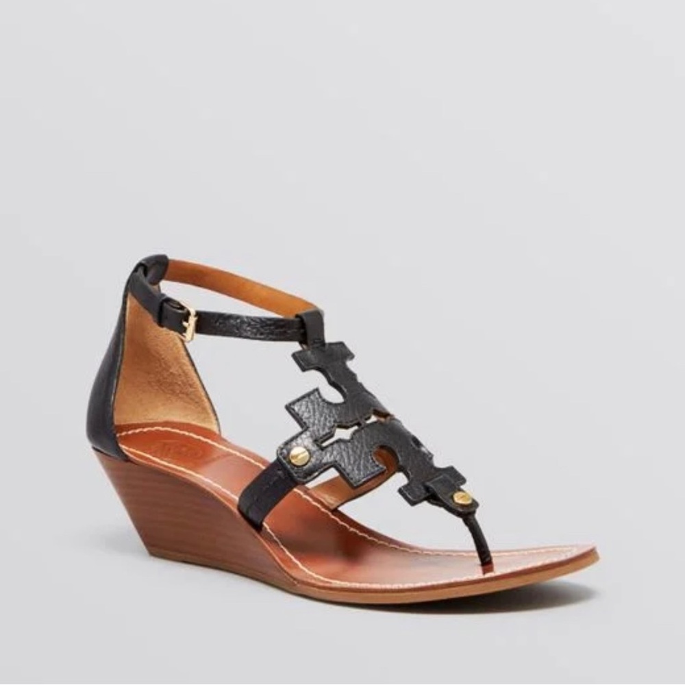 Tory Burch Women's Black Wedge Sandals - Chandler Logo